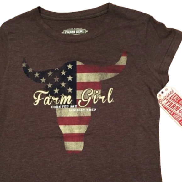 Womens Farm Girl Brand Bull American Flag Brown Tee Small